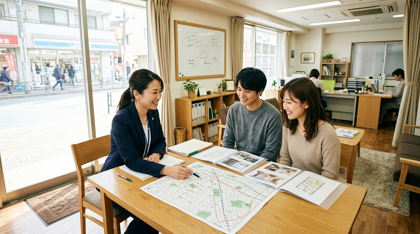 テーブルの資料を見ながら賃貸物件について相談するお客様と担当者の手元