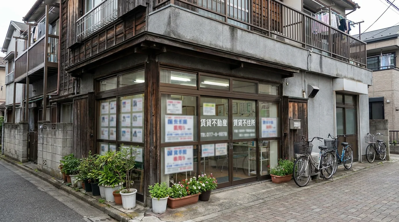亀有駅近くにある不動産会社の店舗外観と入口付近の街並み